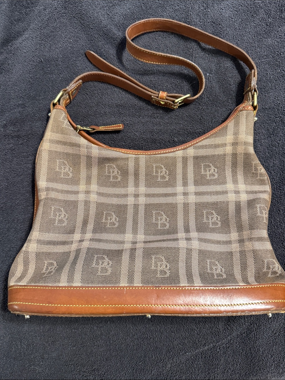 Dooney & Bourke Brown Plaid Canvas Shoulder Bag with Tan Leather Trim